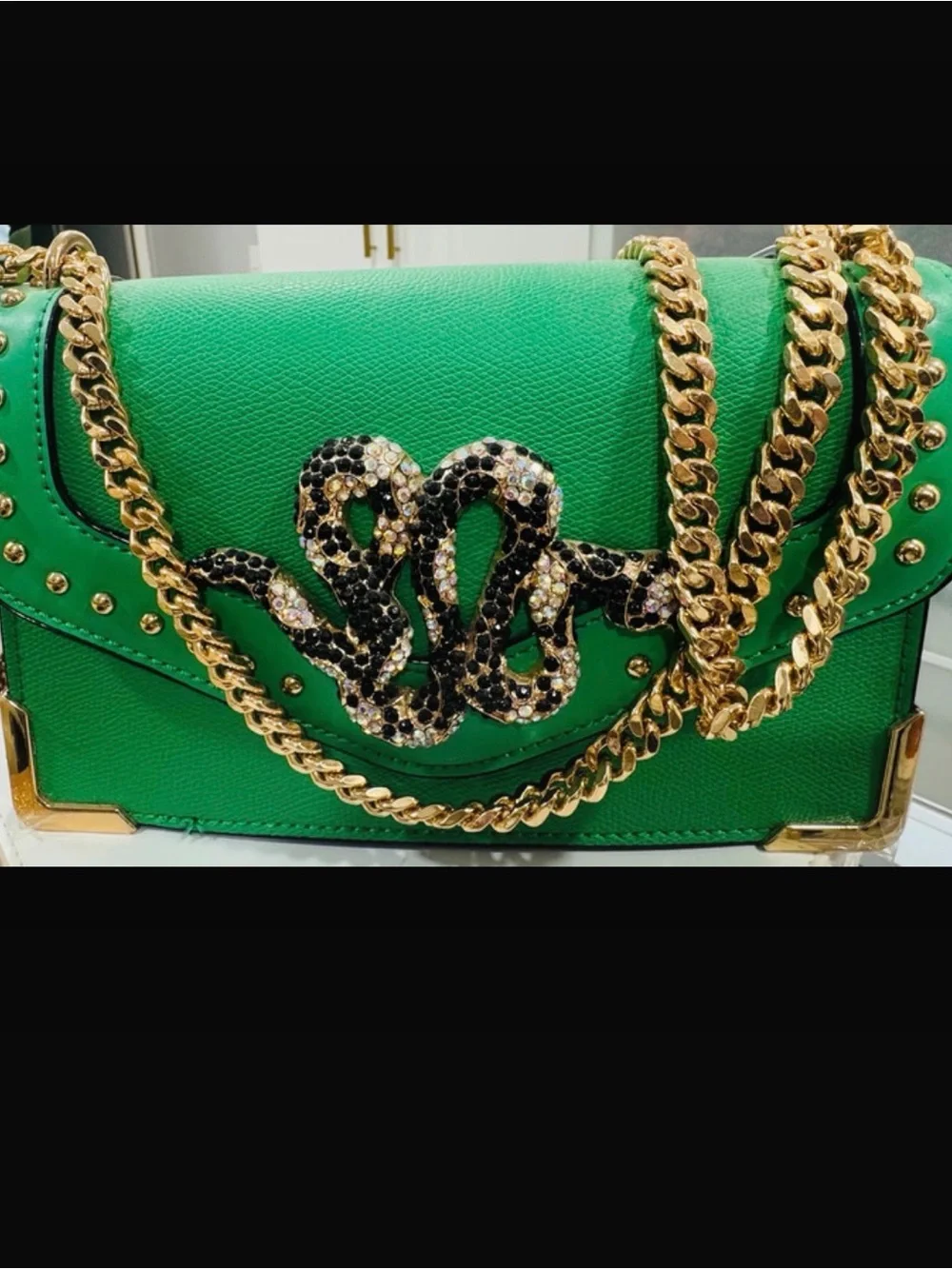 Aldo Green Crossbody Bag with Gold Chain and Crystal Snake Detail